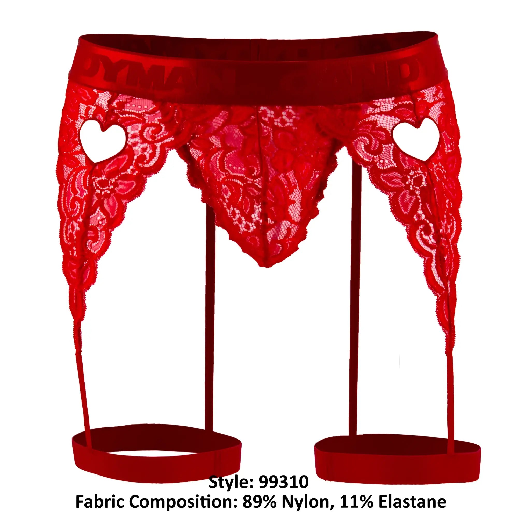Red lace garter belt with heart-shaped cutouts and matching leg straps from candyman 99310 thongs color red