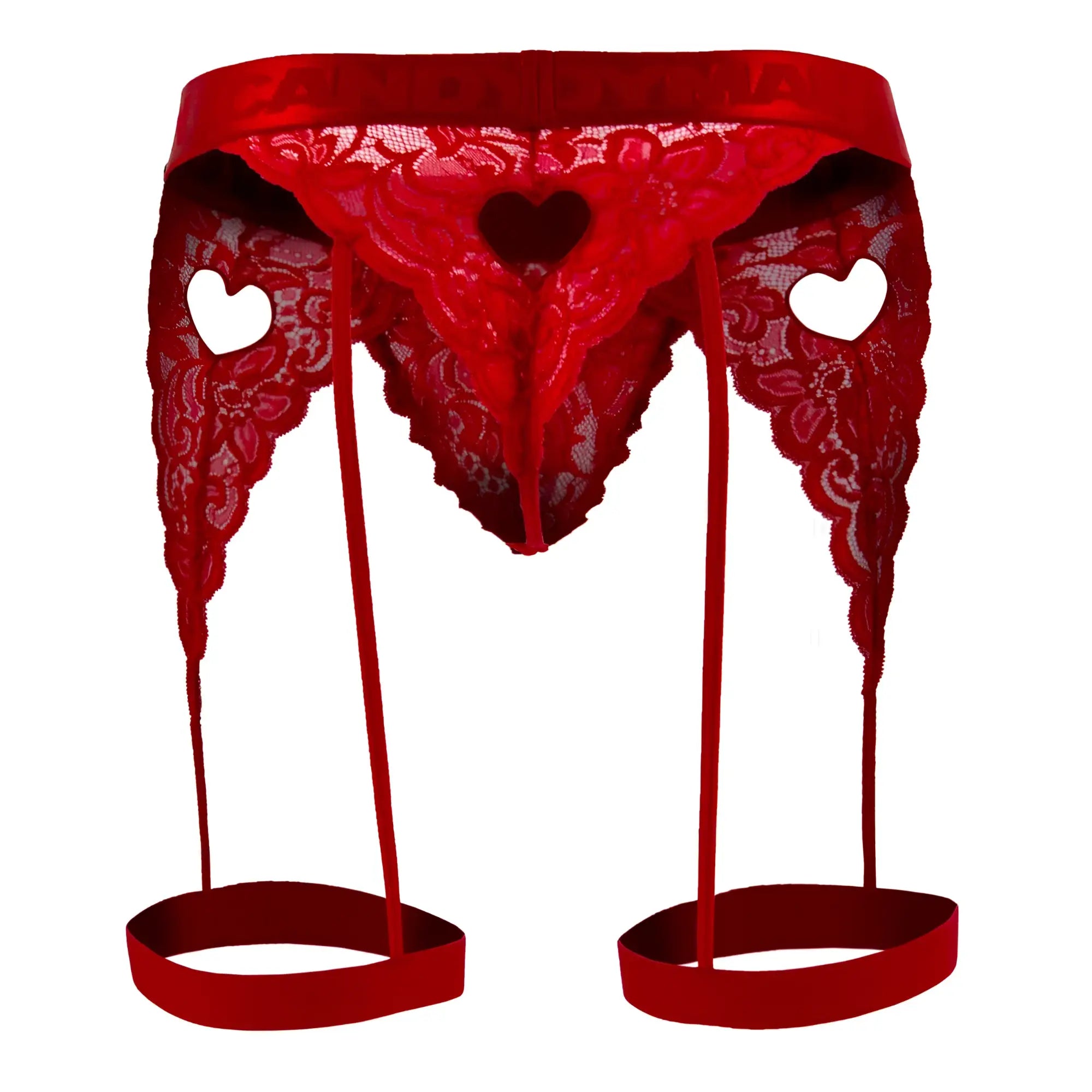 Red lace garter belt with heart-shaped cutouts and matching straps for CandyMan 99310 thongs in red