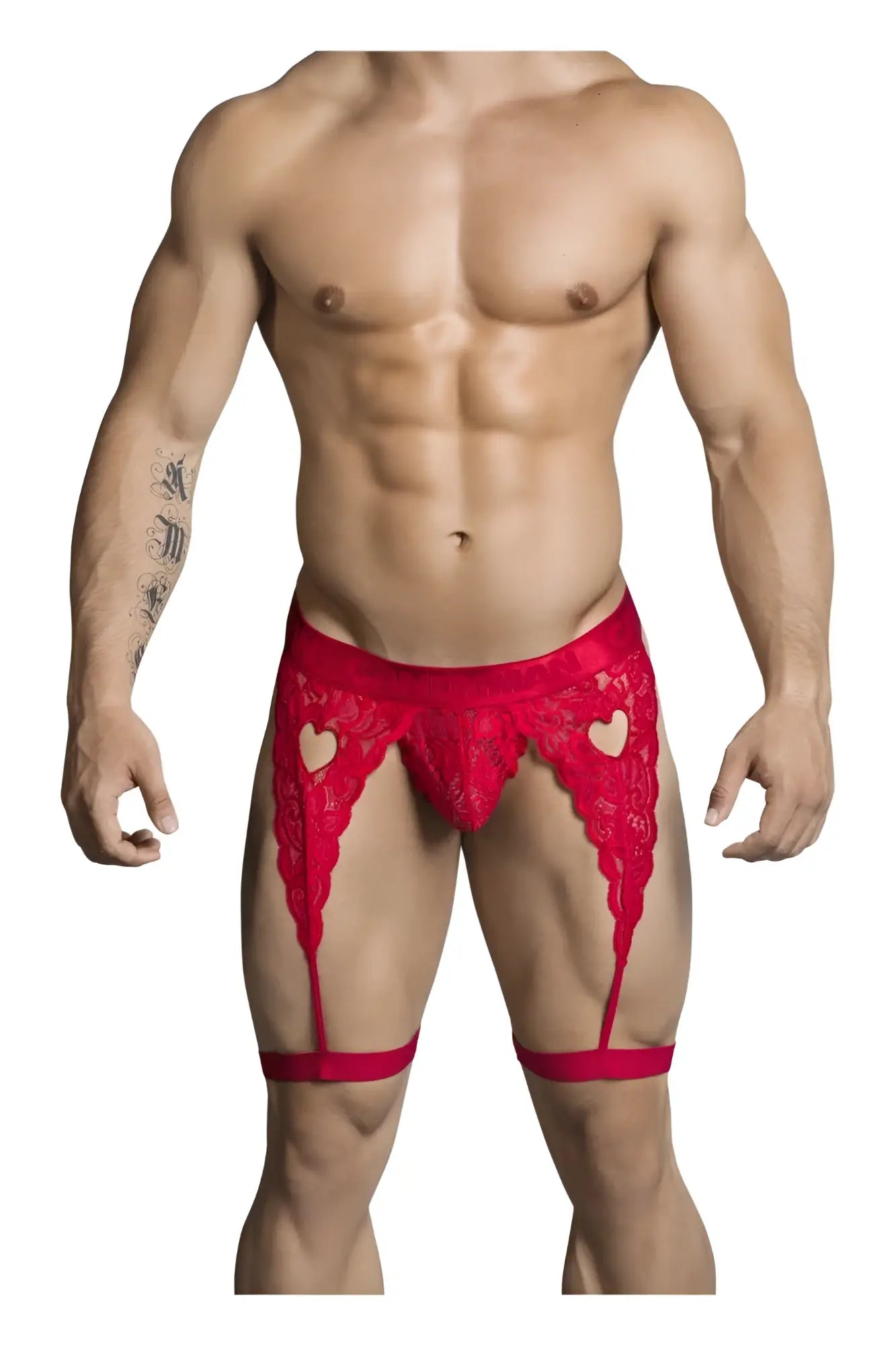 Red lace mens garter belt with heart shaped cutouts and matching straps from candyman 99310 thongs in red
