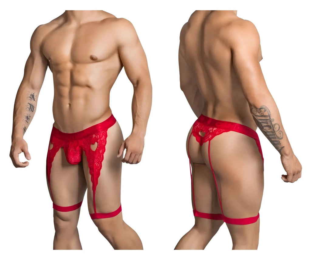 Red lace men’s lingerie thong with heart-shaped cutouts and suspenders from candyman 99310 in red