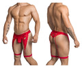 Red lace men’s lingerie thong with heart-shaped cutouts and suspenders from candyman 99310 in red
