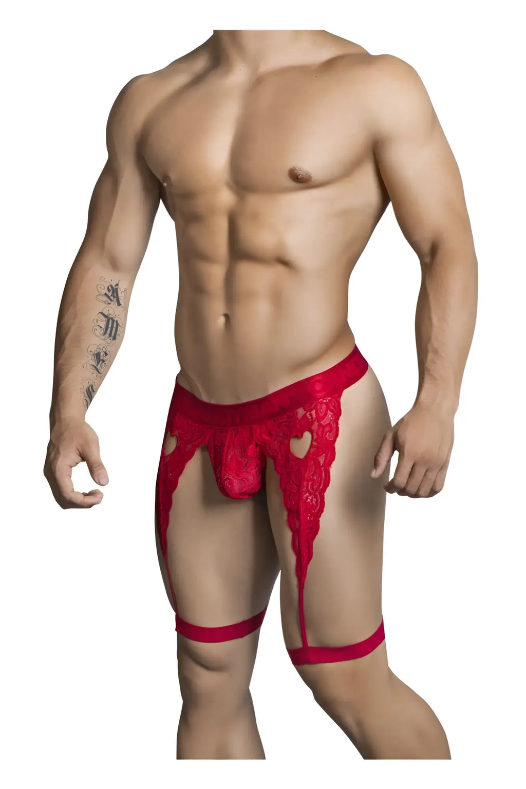 Red lace thong with heart shaped cutouts and matching leg straps in candy man 99310 thongs color red