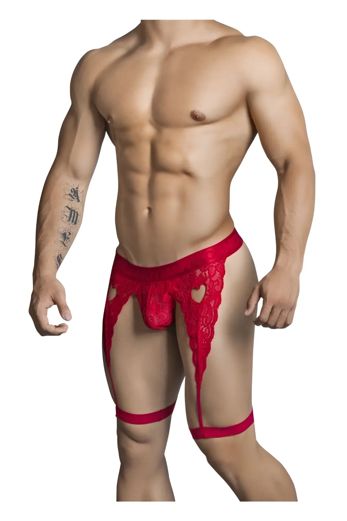 Red lace thong with heart shaped cutouts and matching leg straps in candy man 99310 thongs color red
