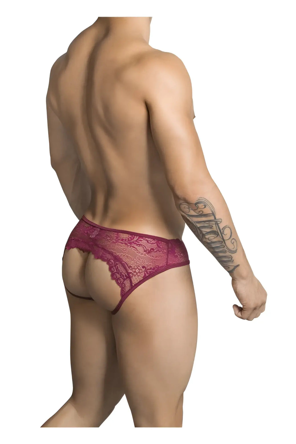 A burgundy CandyMan 99312 jockstrap featuring a maroon lace thong with intricate floral patterns and a snug fit