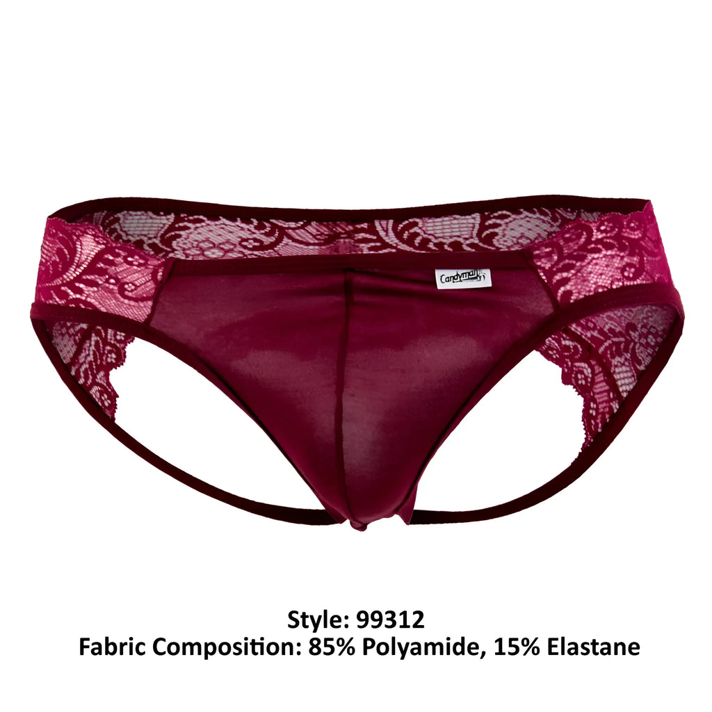 Maroon candyMan 99312 jockstrap with lace trim sheer mesh center and elastic waistband for men