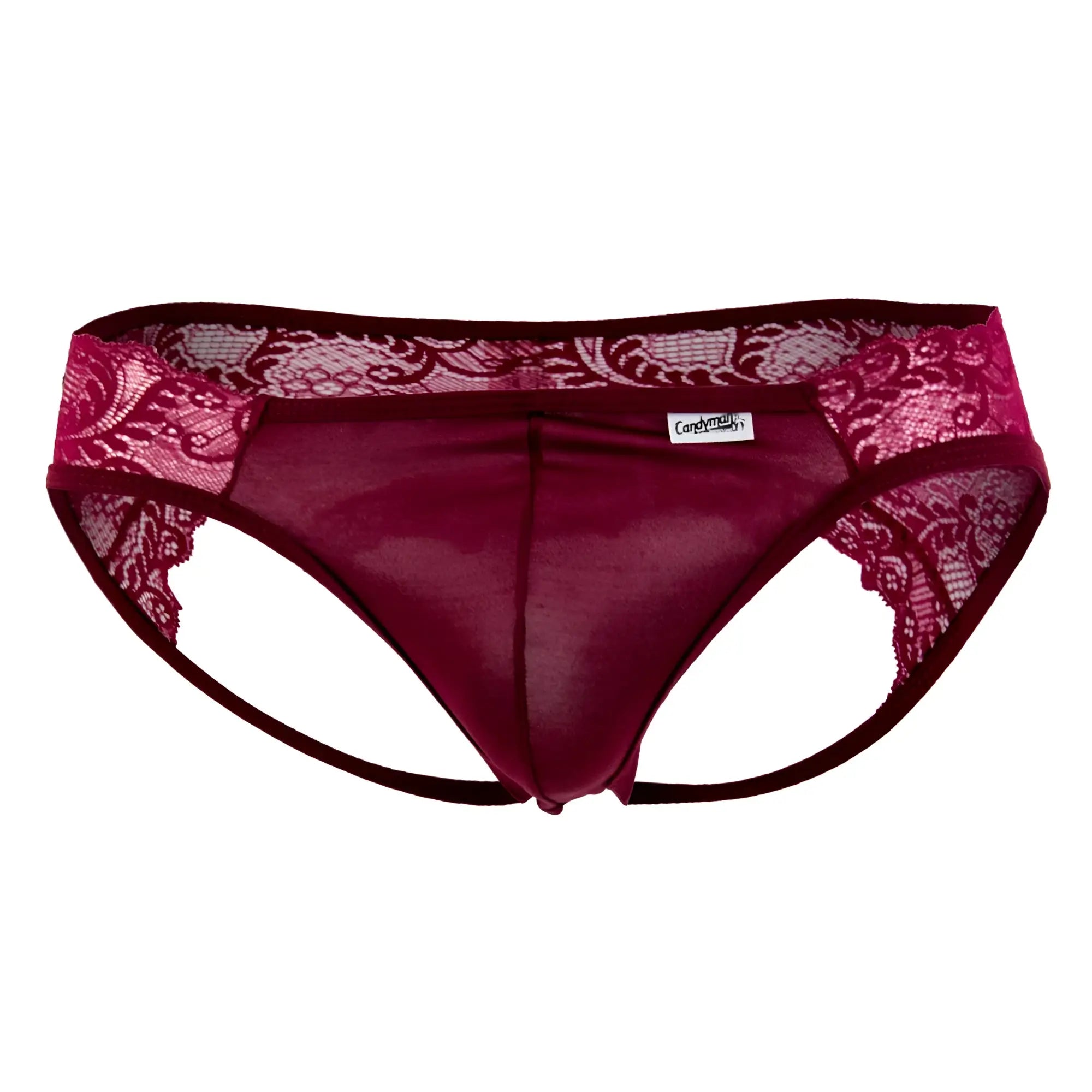 CandyMan 99312 jockstrap in burgundy featuring maroon lace trim sheer mesh front and floral waistband patterns