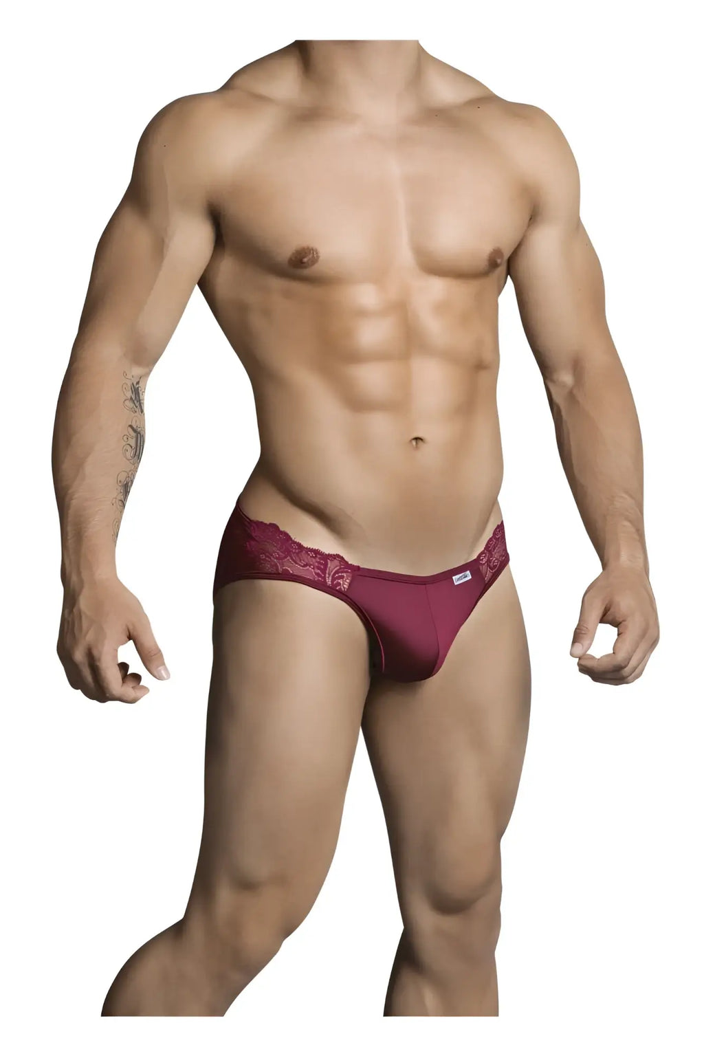 CandyMan 99312 burgundy jockstrap with maroon lace trim and smooth fabric waistband for men