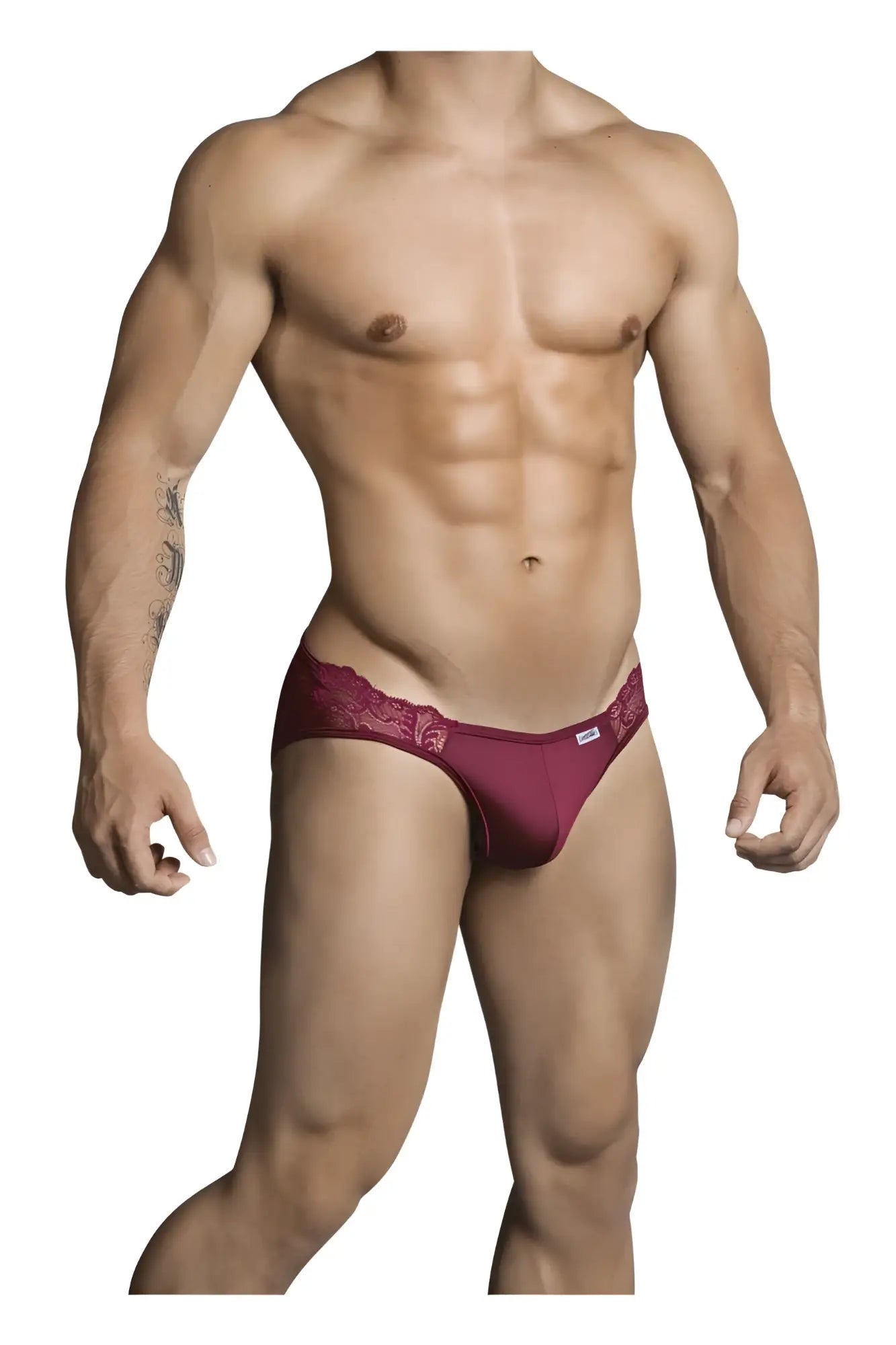 CandyMan 99312 burgundy jockstrap with maroon lace trim and smooth fabric waistband for men