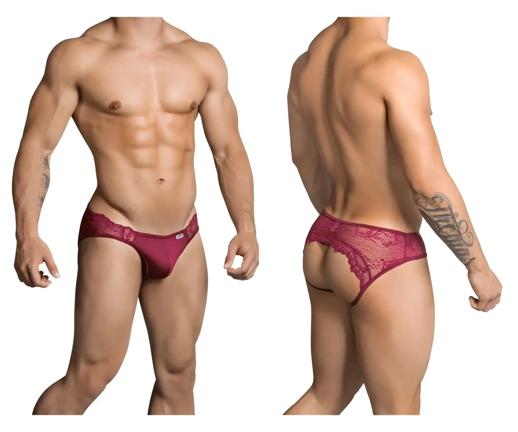 CandyMan 99312 burgundy lace-trimmed men’s briefs with subtle brand tag on waistband