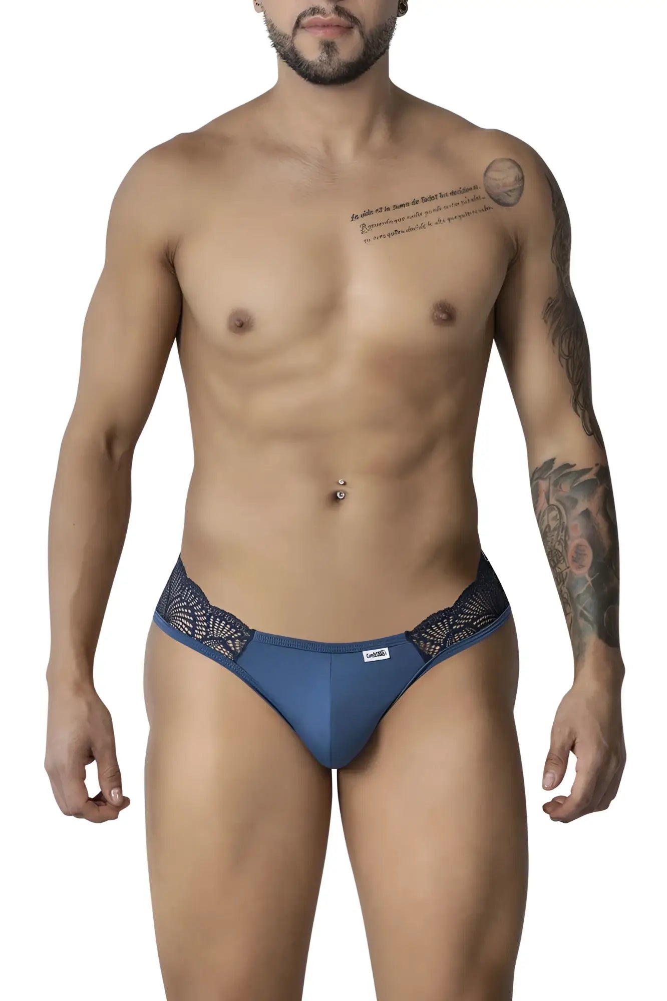 Blue lace-trimmed candyMan 99312 lace jockstrap briefs in navy with branded tag showcasing front design
