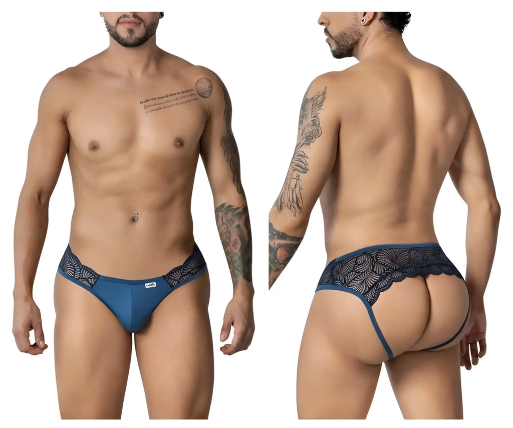 Blue lace-trimmed men’s briefs in navy candyMan 99312 lace jockstrap with a sleek form-fitting design
