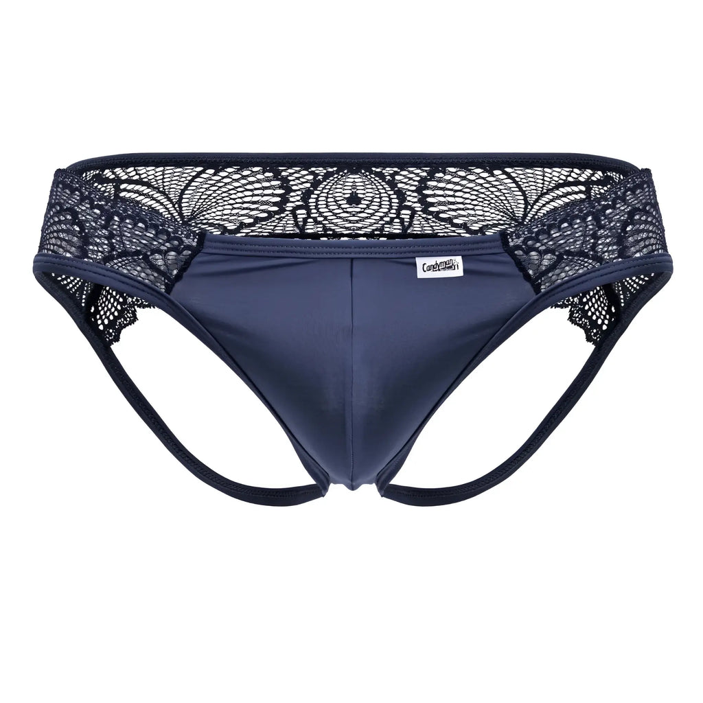 Navy blue candyMan 99312 lace jockstrap with smooth fabric and black floral lace trim waistband for men