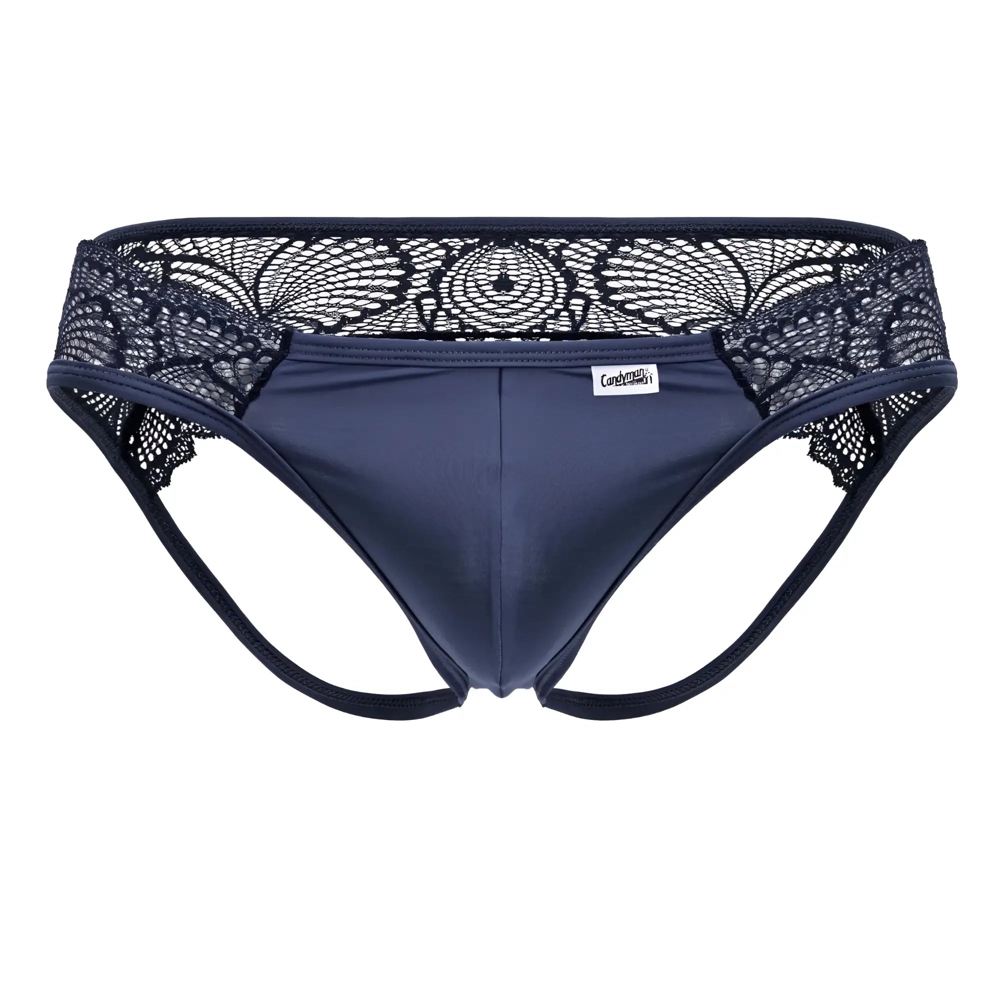 Navy blue candyMan 99312 lace jockstrap with smooth fabric and black floral lace trim waistband for men