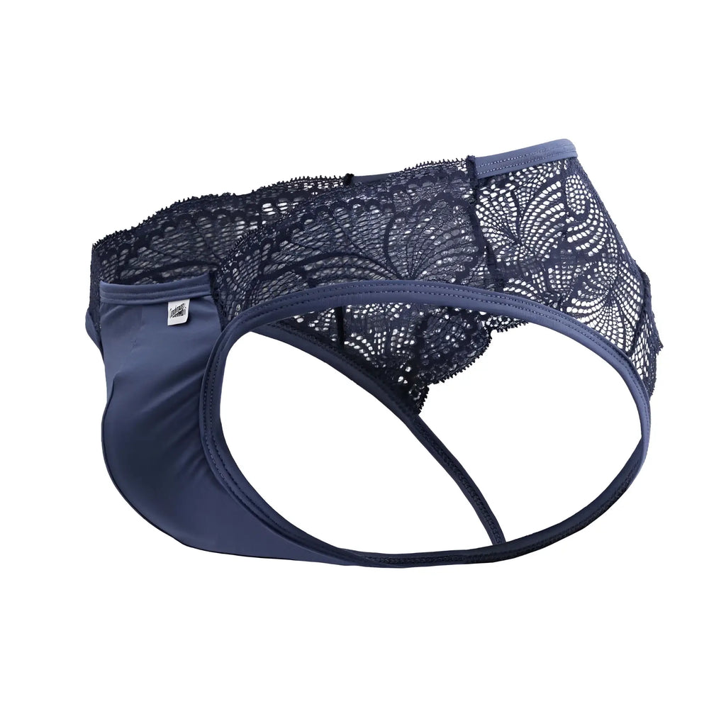 CandyMan 99312 navy lace jockstrap briefs with smooth fabric front and delicate floral lace trim