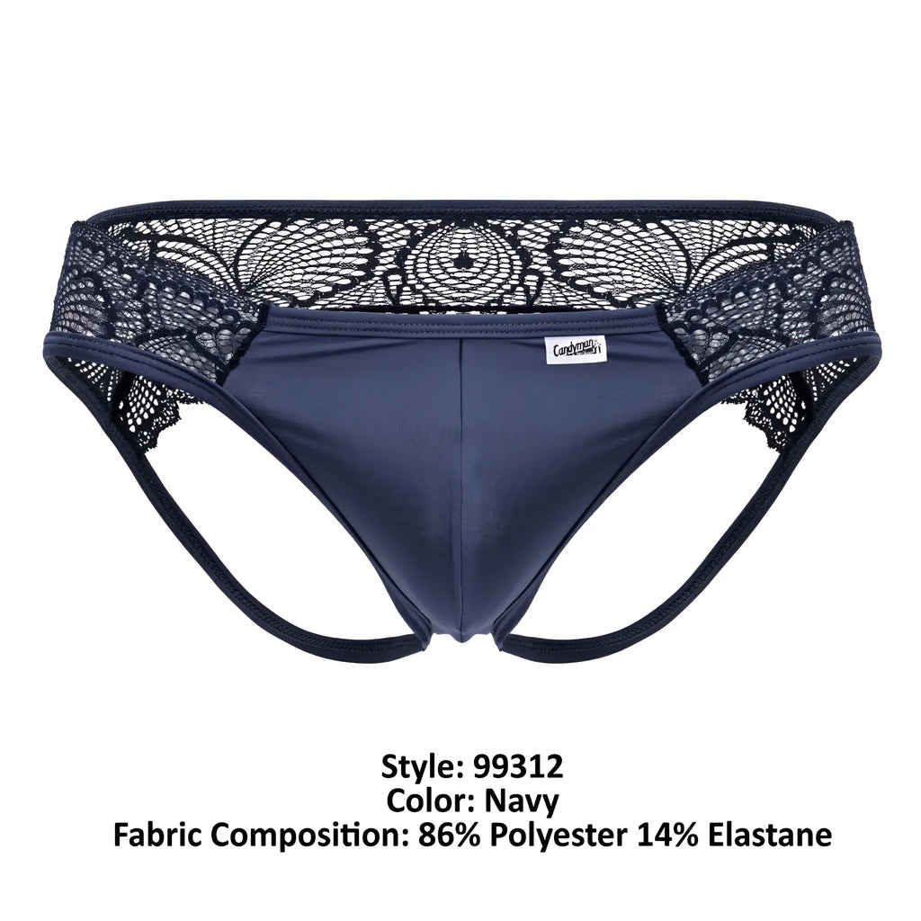 Navy blue lace-trimmed briefs with smooth stretchy fabric and intricate black floral lace waistband candy man 99312 lace jockstrap