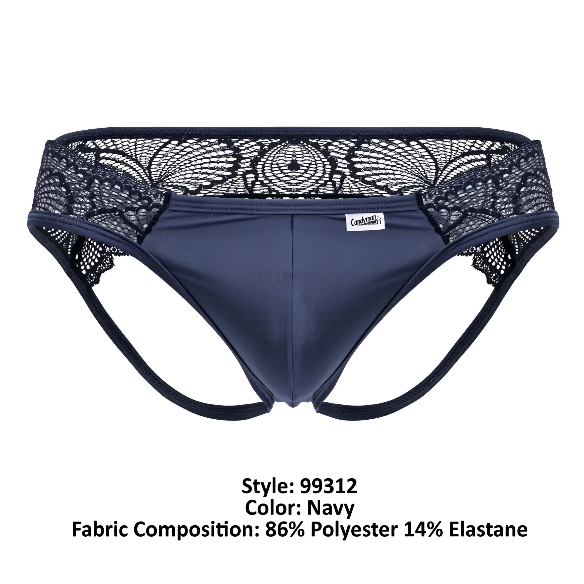 Navy blue lace-trimmed briefs with smooth stretchy fabric and intricate black floral lace waistband candy man 99312 lace jockstrap