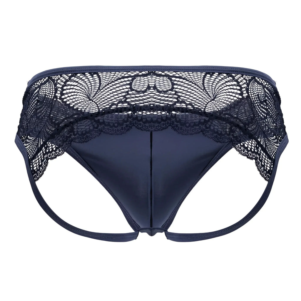 Navy blue CandyMan 99312 lace jockstrap thong with satin fabric and intricate floral lace waistband detailing