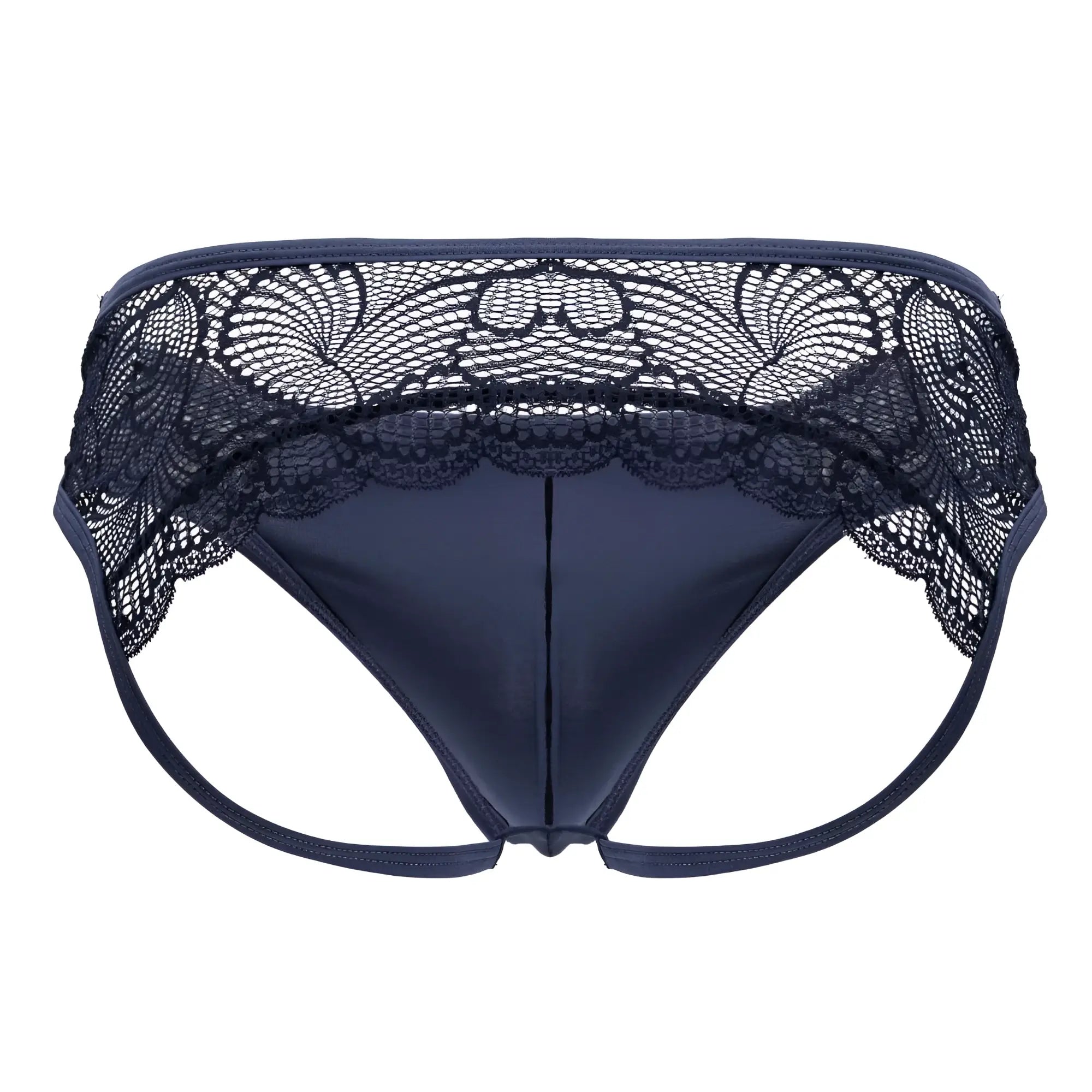 Navy blue CandyMan 99312 lace jockstrap thong with satin fabric and intricate floral lace waistband detailing