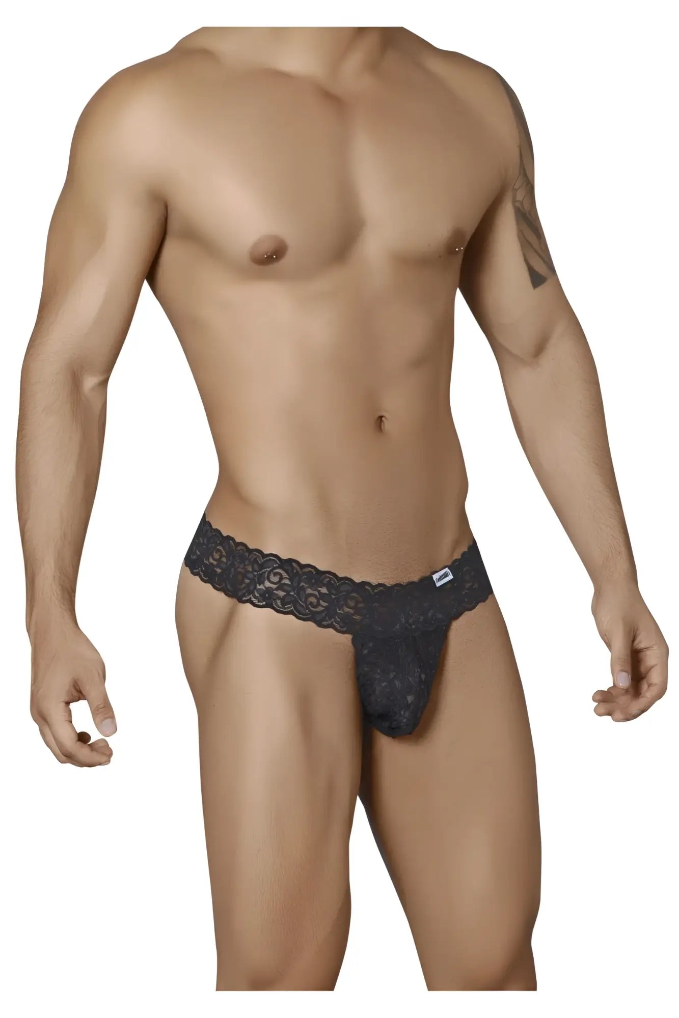 Black lace thong candyMan 99315 peek a boo with intricate floral patterns and white brand tag on waistband in black