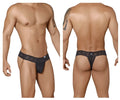 Black lace candyMan 99315 peek a boo thong with intricate floral pattern and small brand tag on waistband