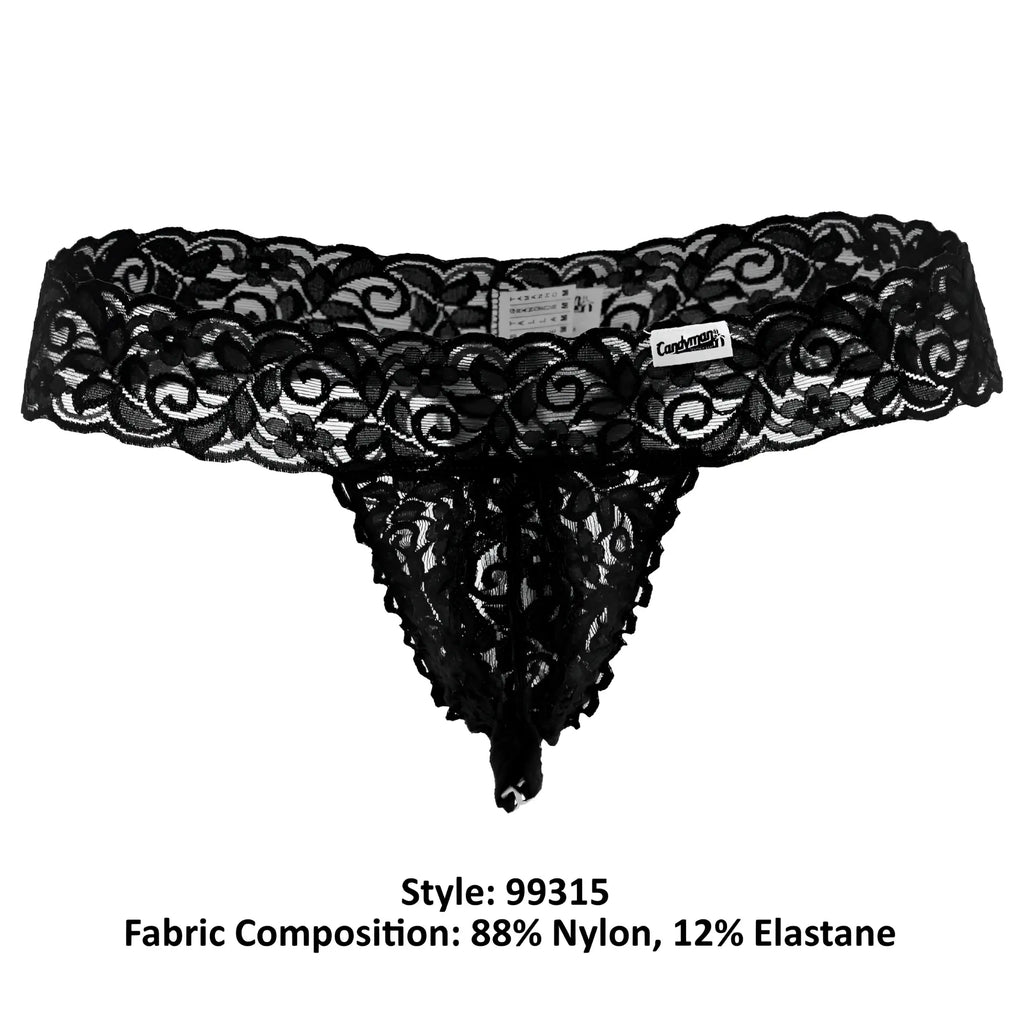 Black lace thong candyMan 99315 with intricate floral patterns and delicate sheer design in black color