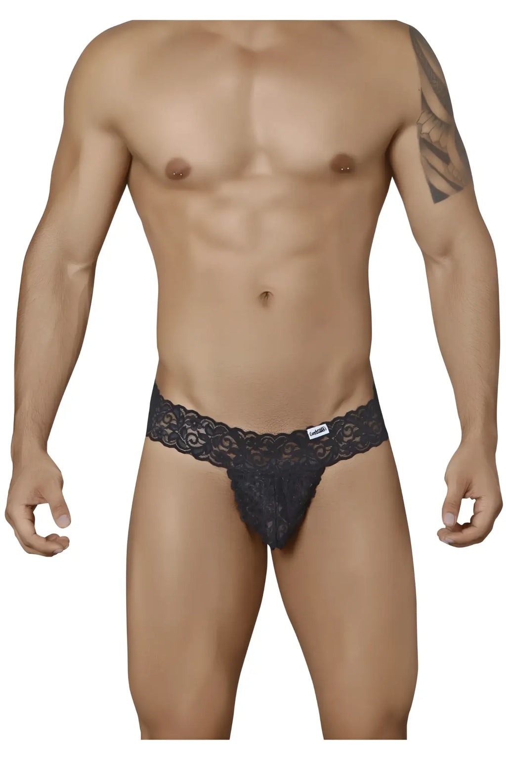 Black lace CandyMan 99315 peek a boo thong with intricate floral patterns and brand tag on the waistband
