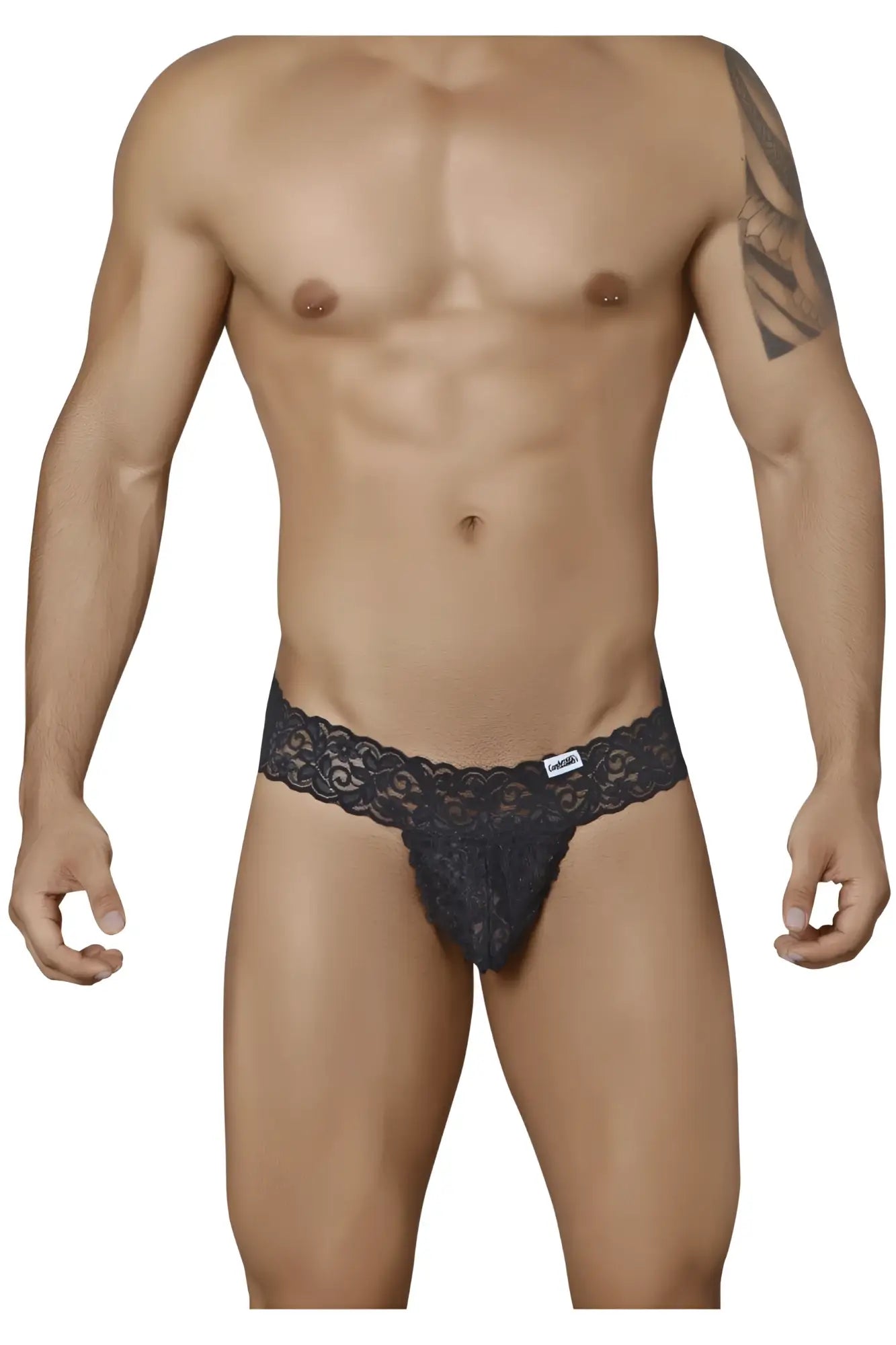 Black lace CandyMan 99315 peek a boo thong with intricate floral patterns and brand tag on the waistband