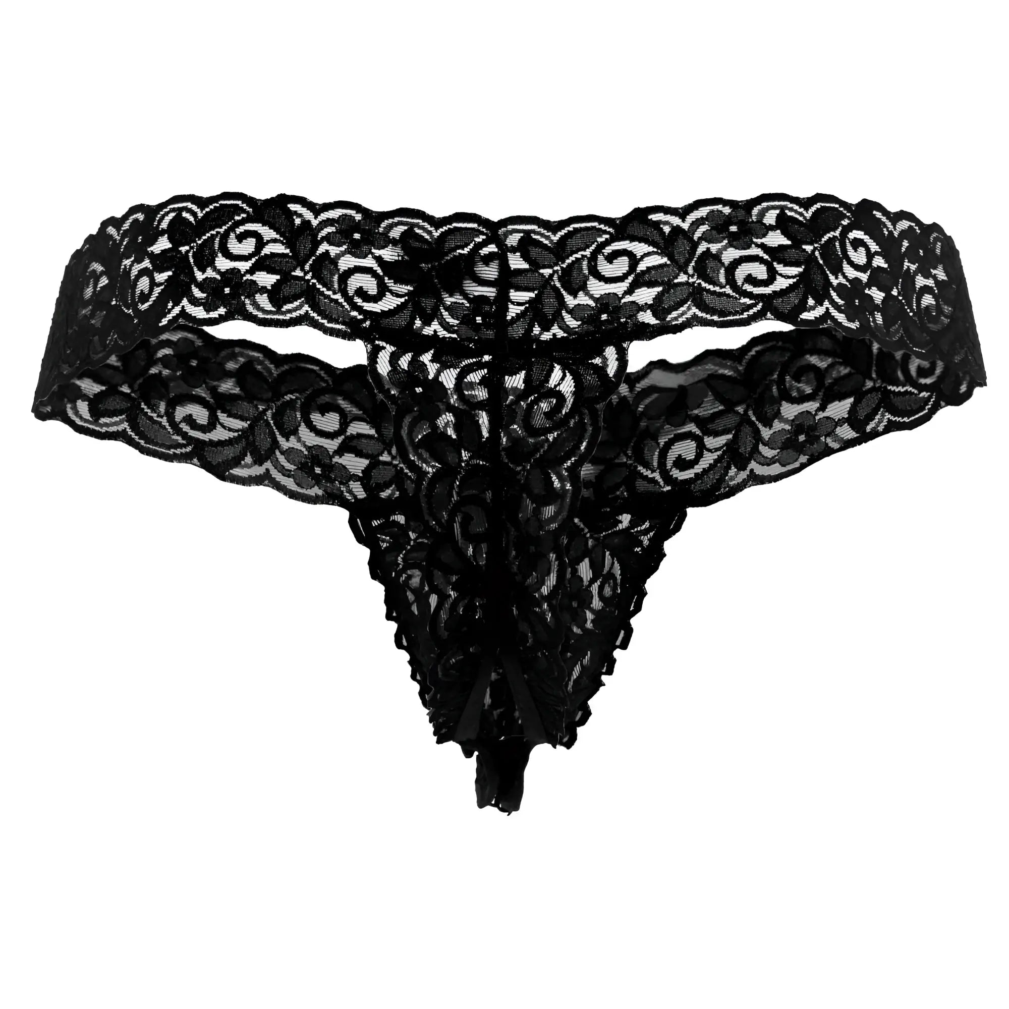 Black lace CandyMan 99315 peek a boo thong with intricate floral and swirl patterns in black color