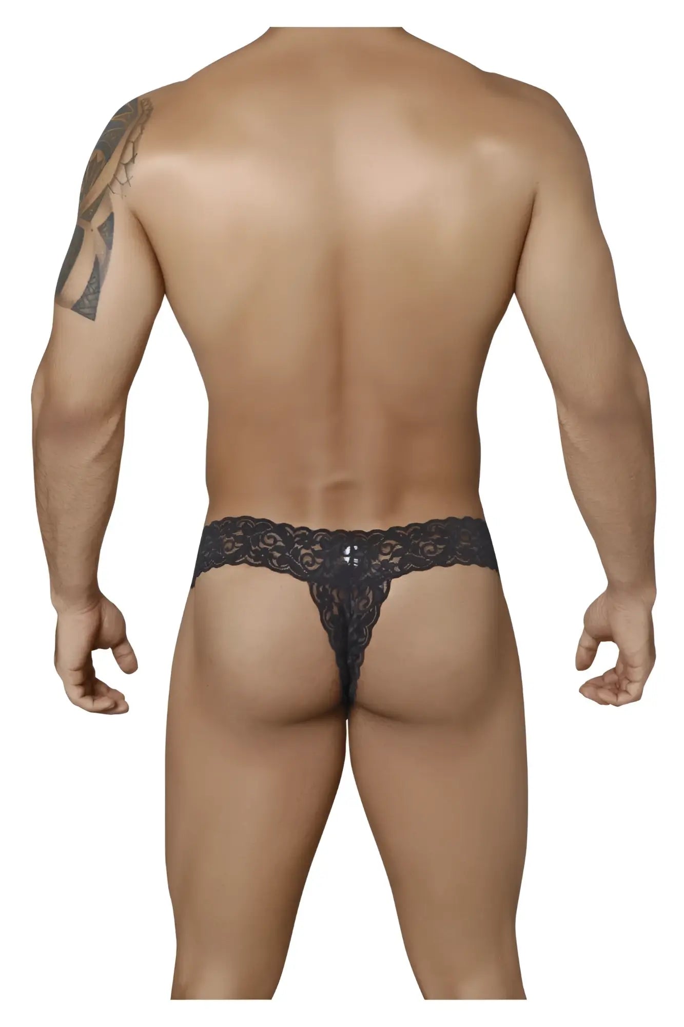 CandyMan 99315 peek a boo thong in black lace with intricate floral patterns and a decorative center embellishment
