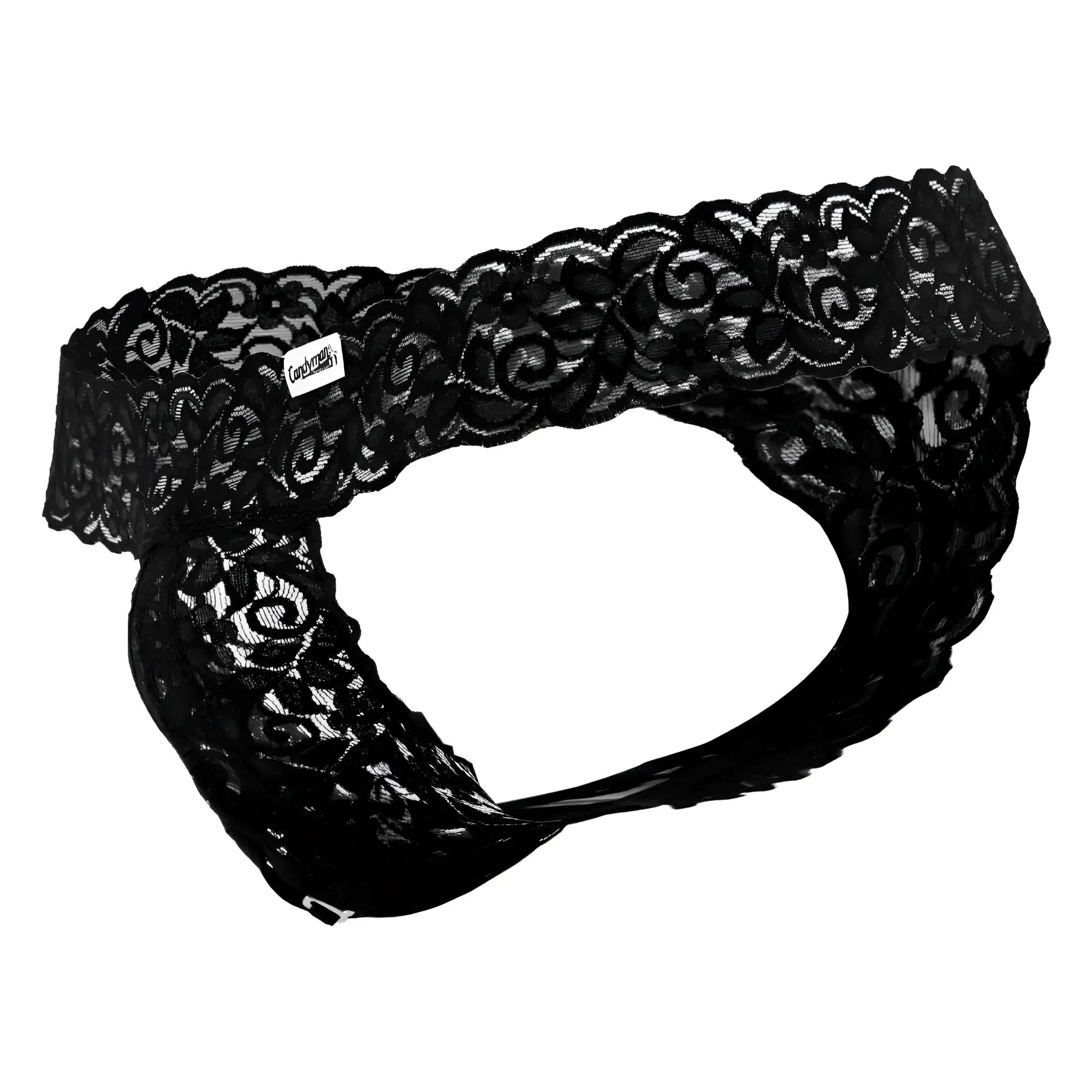 CandyMan 99315 peek a boo black thong with black lace sheer fabric and intricate floral patterns front view