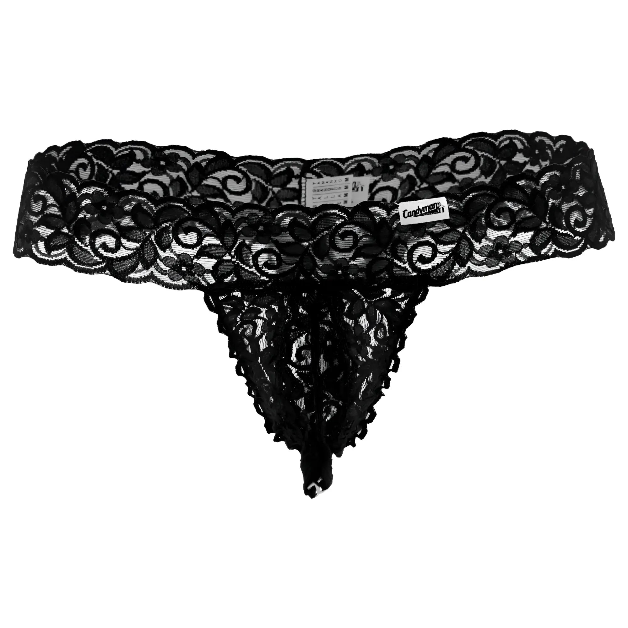 Black lace candyMan 99315 peek a boo thong with intricate floral patterns and sheer delicate design
