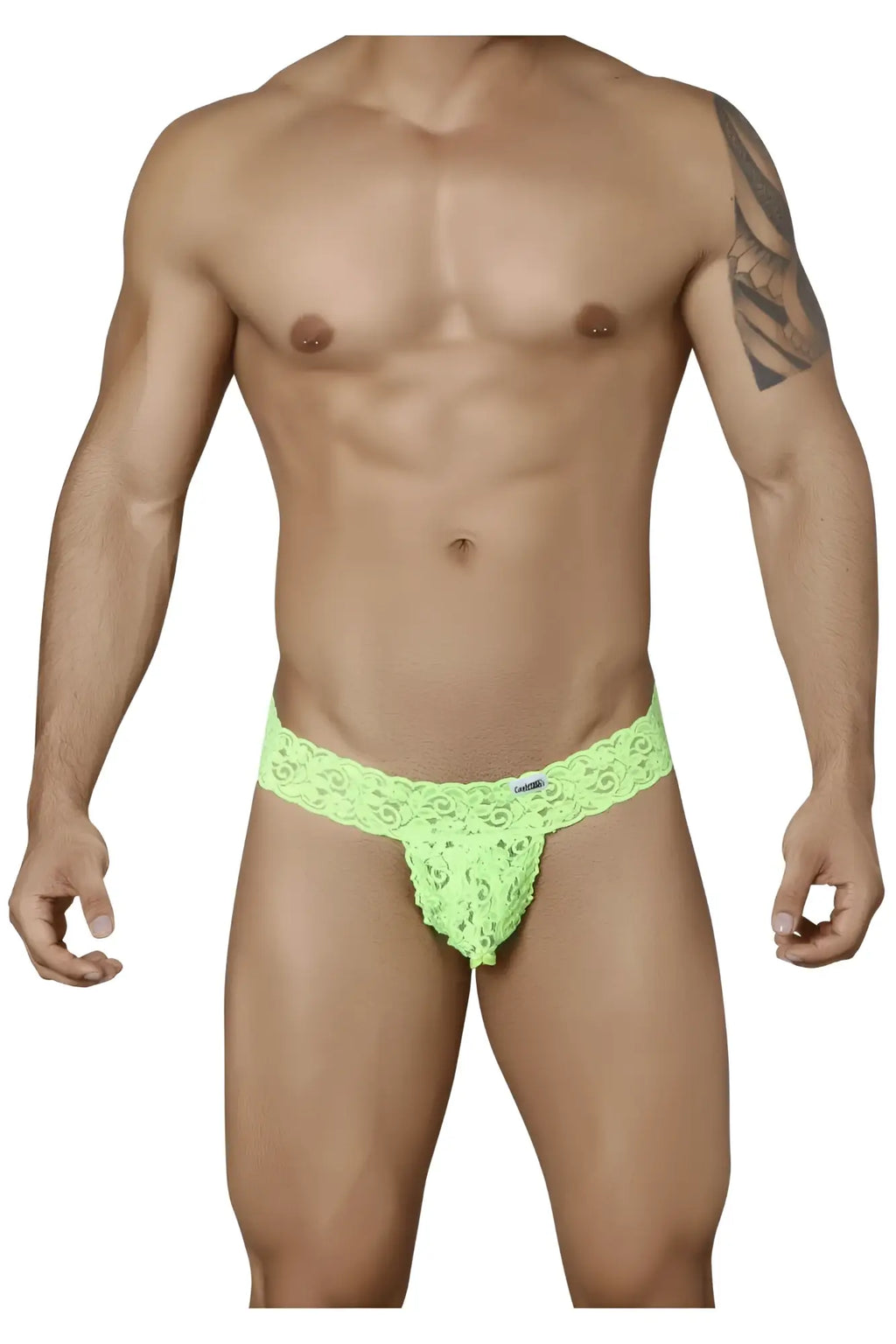 Bright neon green candyMan 99315 peek a boo lace thong with intricate floral patterns