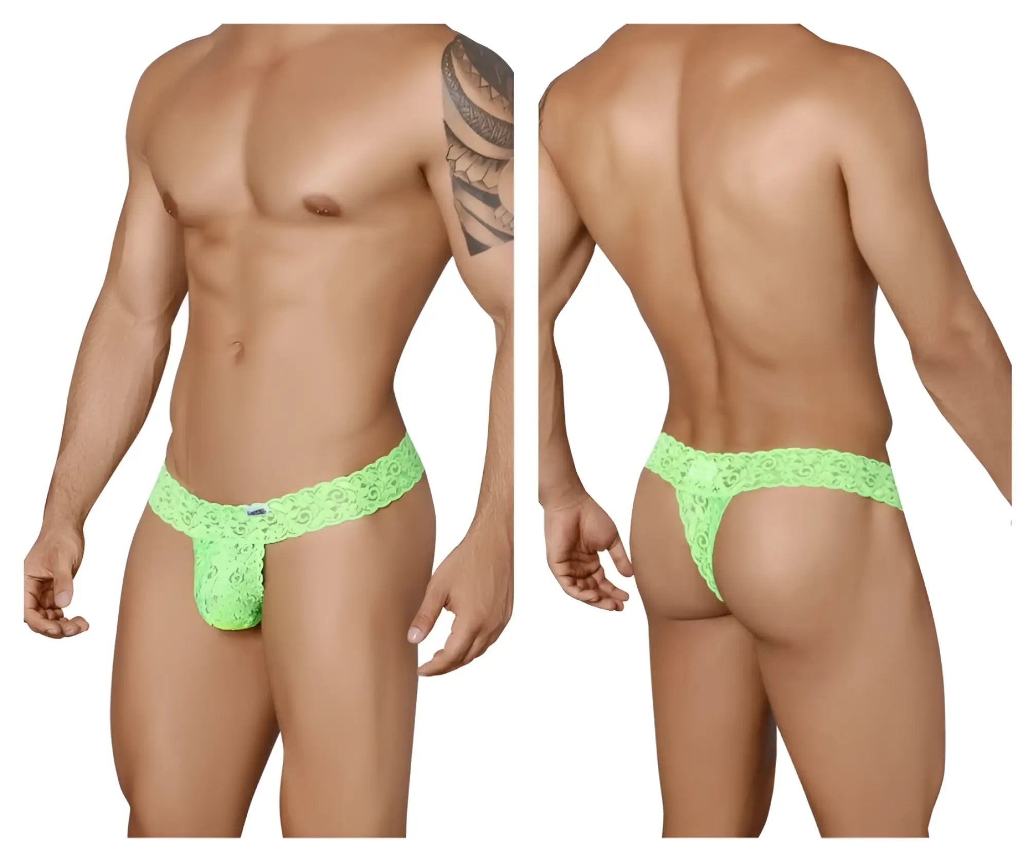 Bright neon green lace thong candyMan 99315 peek a boo with intricate floral patterns for stylish comfort