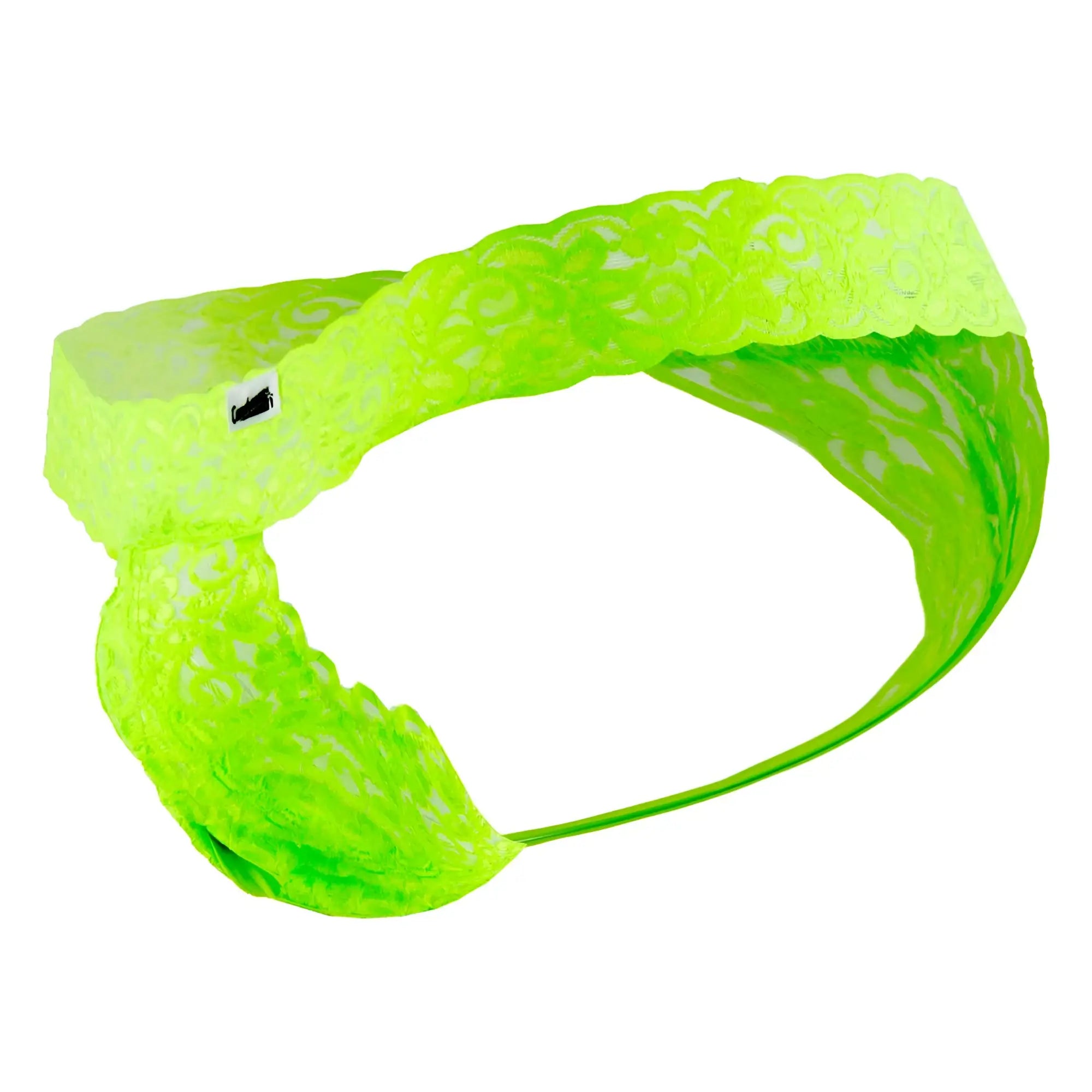 CandyMan 99315 peek a boo thongs in green with a neon green lace headband featuring an intricate floral pattern