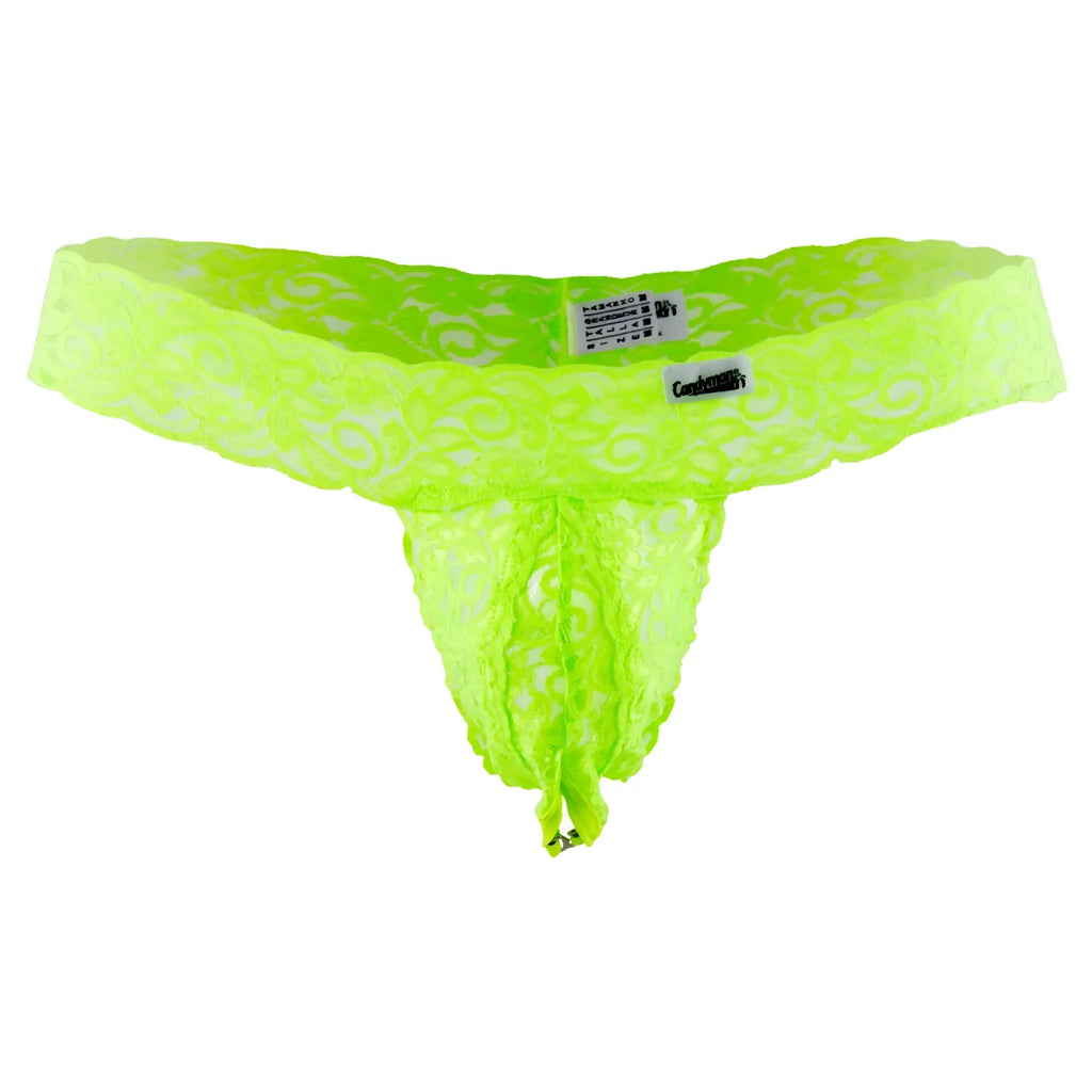 Neon green candyMan 99315 peek a boo lace thong with intricate swirl patterns and a branded tag visible