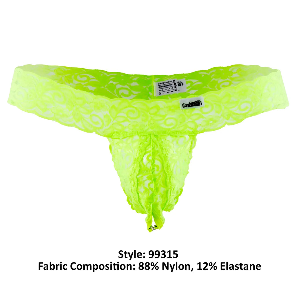 Neon green CandyMan 99315 peek a boo thong with intricate lace swirl patterns and branded waistband tag