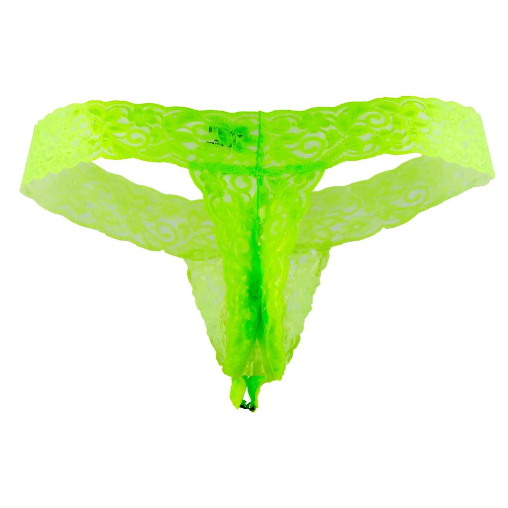 A vibrant neon green lace CandyMan 99315 Peek a Boo thong with an intricate swirling pattern