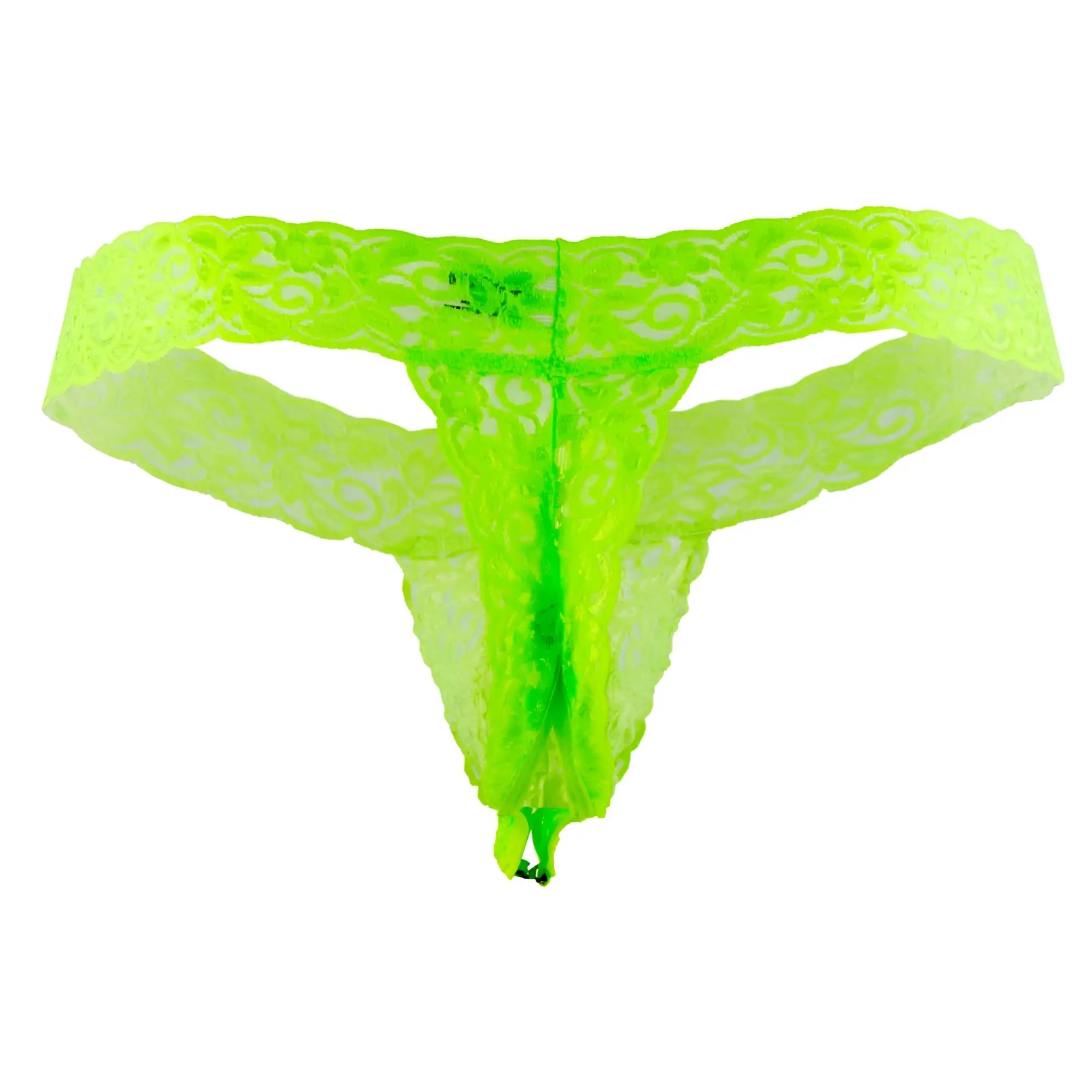 A vibrant neon green lace CandyMan 99315 Peek a Boo thong with an intricate swirling pattern