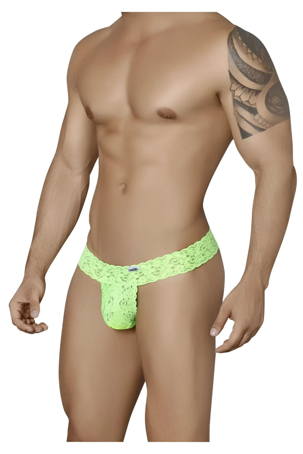CandyMan 99315 peek a boo thong in vibrant neon green lace with intricate floral patterns and form-fitting design