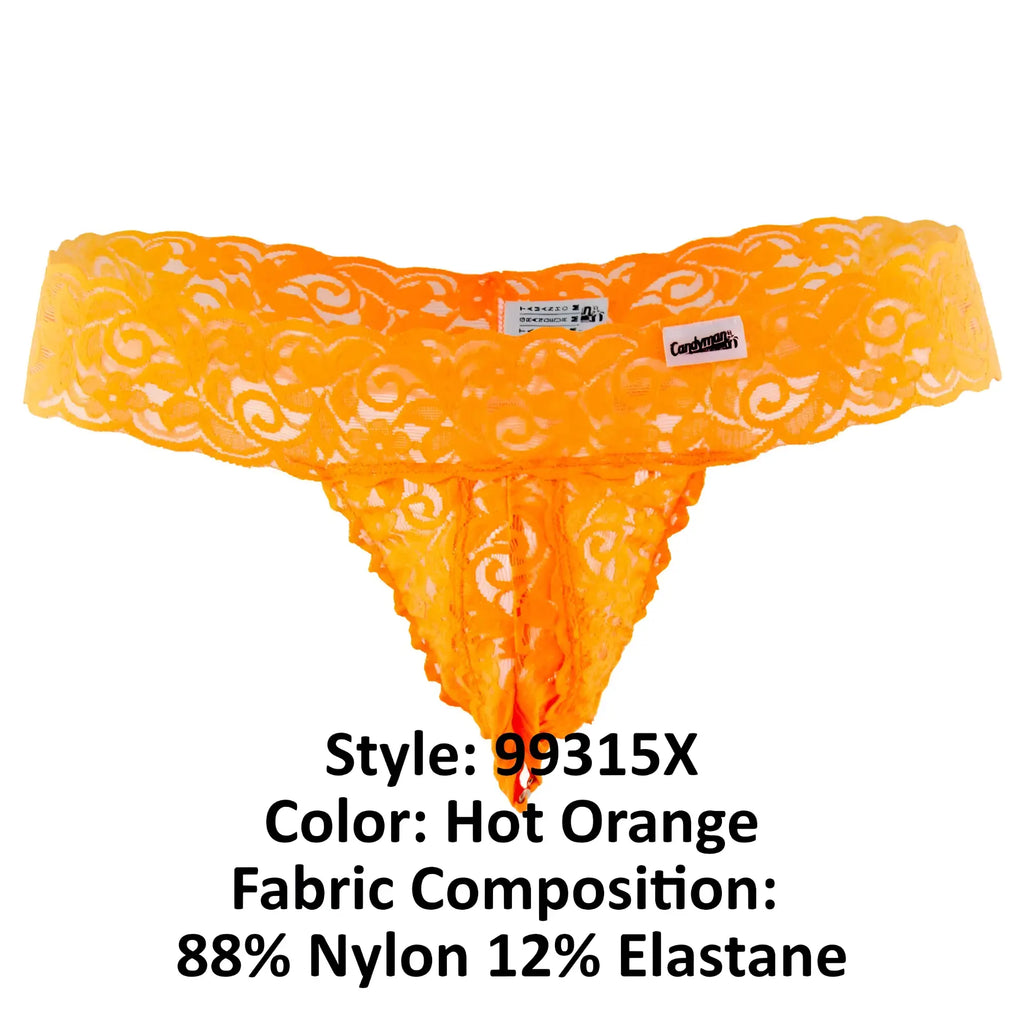 Hot orange candyMan 99315X peek a boo lace thong with intricate swirling patterns and sheer fabric composition