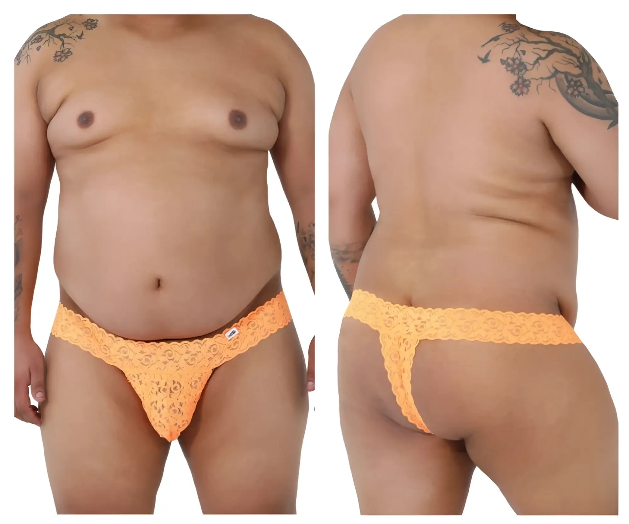 Orange lace thong with intricate floral pattern and small brand tag on waistband from candyman 99315x peek a boo line