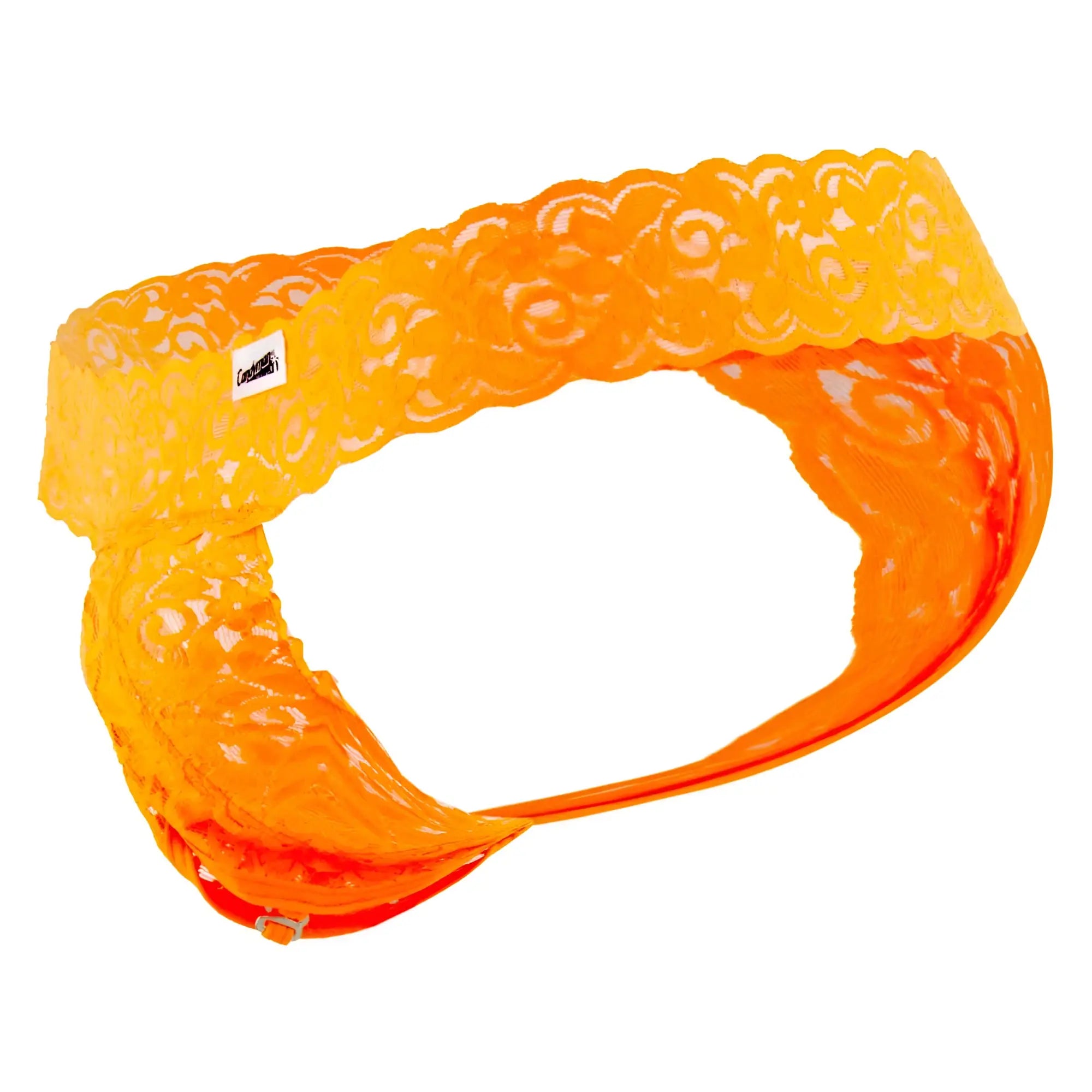 CandyMan 99315X peek a boo lace thong in vibrant hot orange with intricate swirling patterns and glossy translucent finish