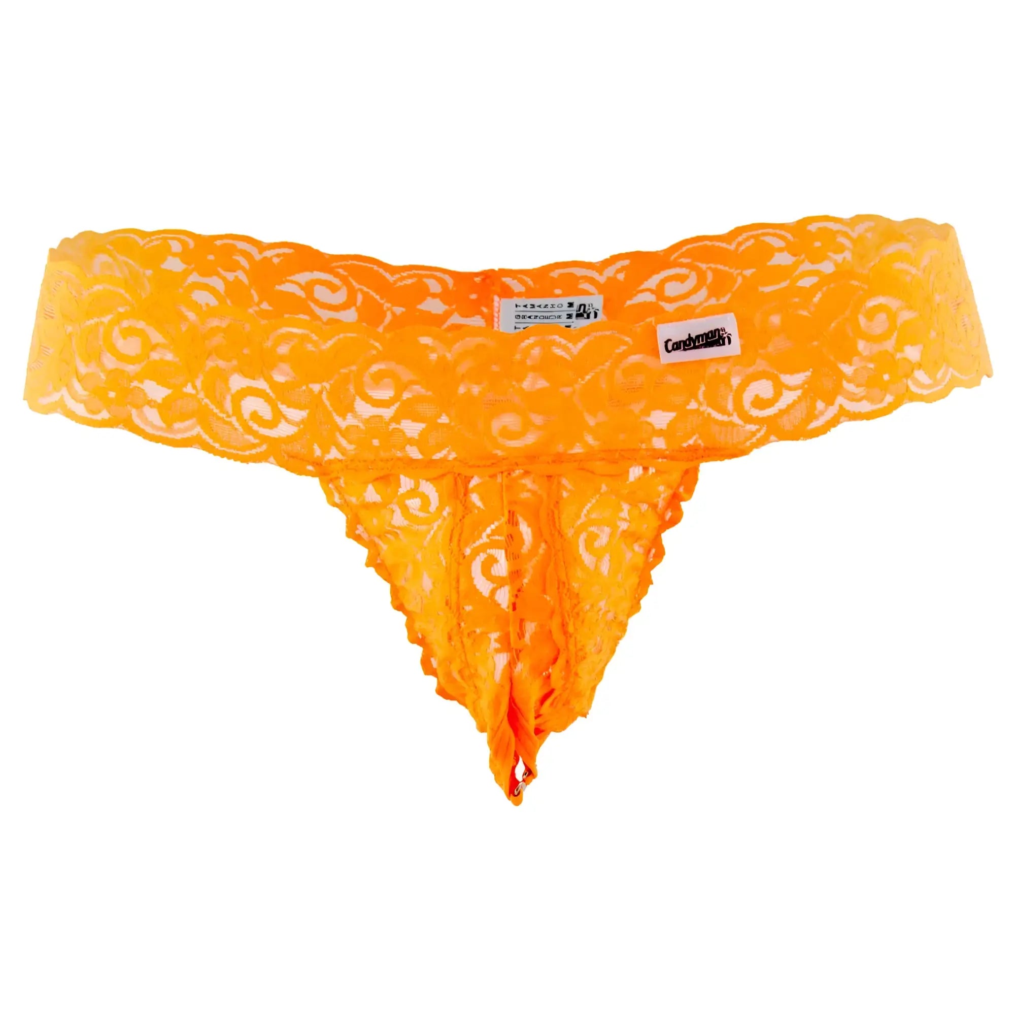 CandyMan 99315X peek a boo lace thong in vibrant hot orange with intricate swirling patterns and scalloped edge