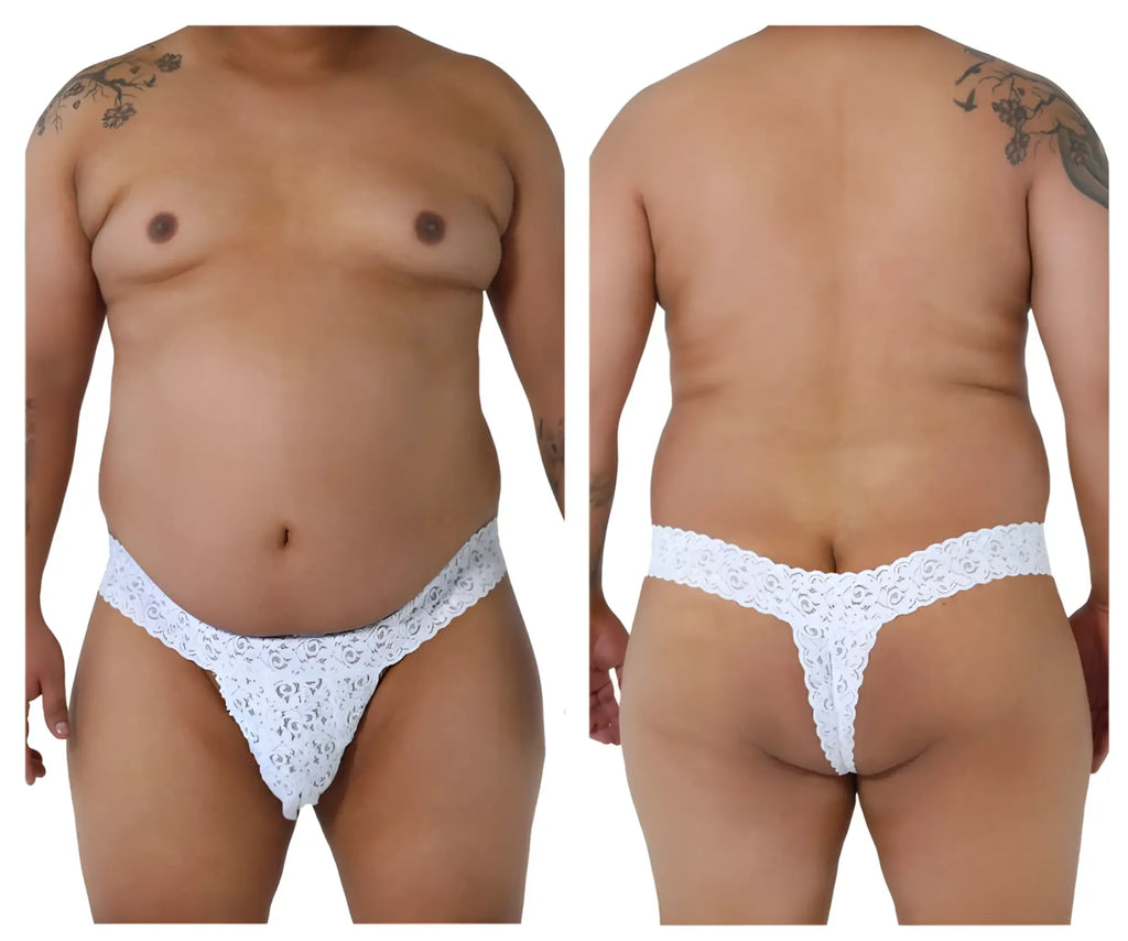 White lace thong with intricate floral pattern from candyman 99315x peek a boo lace thongs in white