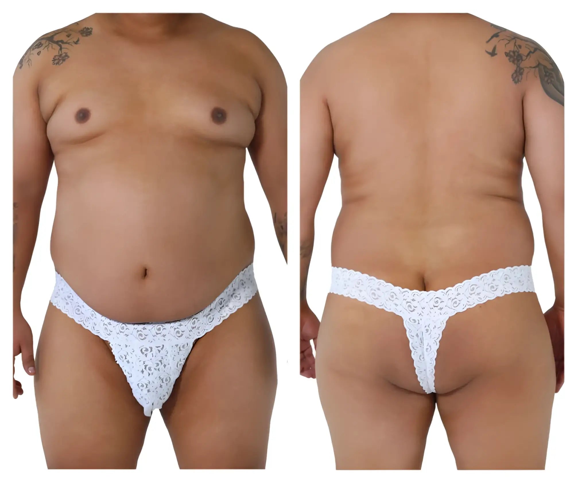 White lace thong with intricate floral pattern from candyman 99315x peek a boo lace thongs in white