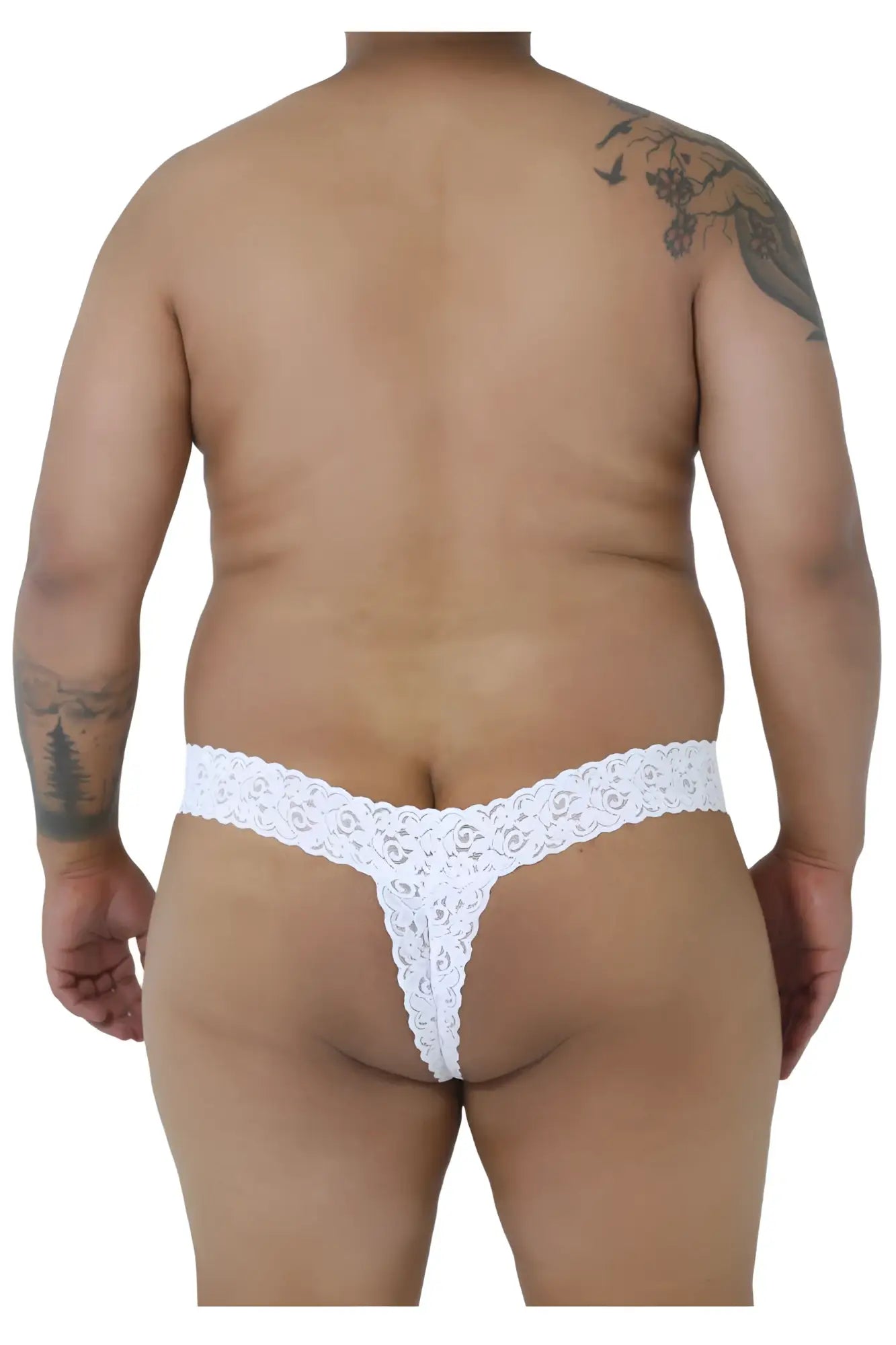 White lace thong candyMan 99315X featuring intricate floral pattern in peek a boo design for lingerie use