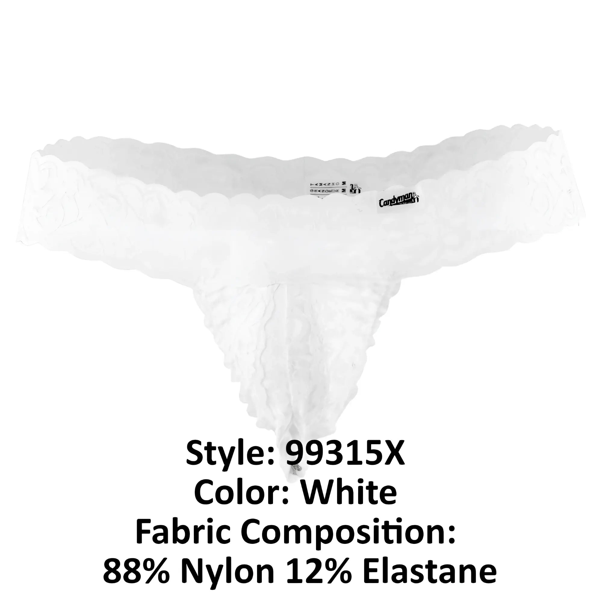 White lace thong candyMan 99315X with scalloped edge and delicate ruffled detailing in white color
