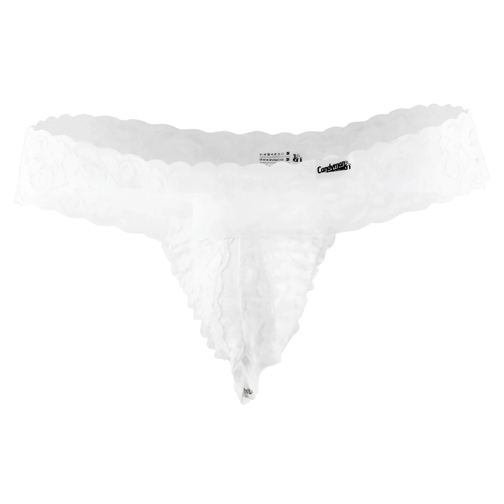 White lace thong candyMan 99315X with scalloped edges sheer delicate design in white color