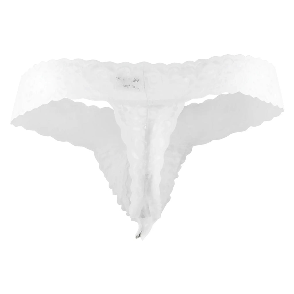 White lace thong with scalloped edges and delicate floral pattern from candyman 99315x peek a boo lace thongs