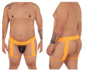 Bright orange lace-trimmed men’s thong with black central panel candyMan 99369X thongs color hot orange